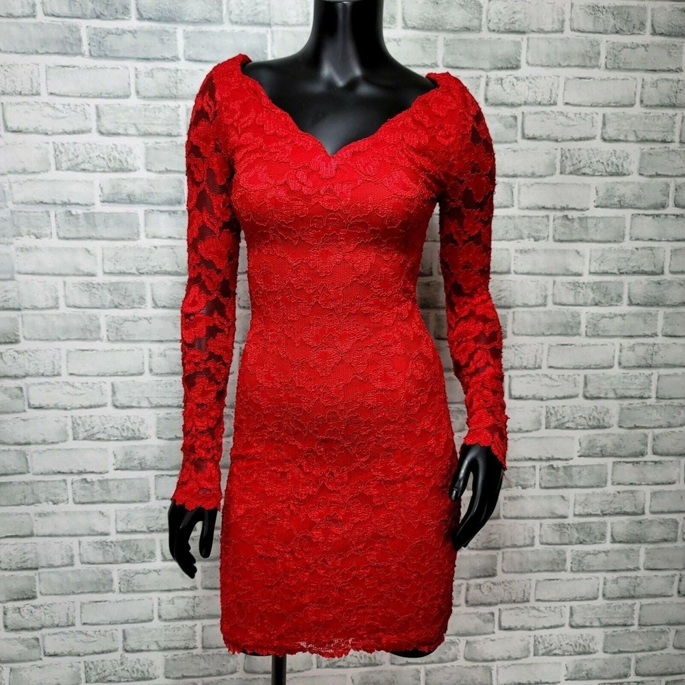 Vintage 80s 90s Night Way Red Lace Bodycon Mini Dress L/S Sweetheart Cocktail